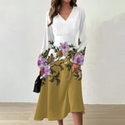 SXAURA Women's V-Neck Long Sleeve Floral Print Maxi Dress Fashionable Summer Casual Dress (S-5XL)
