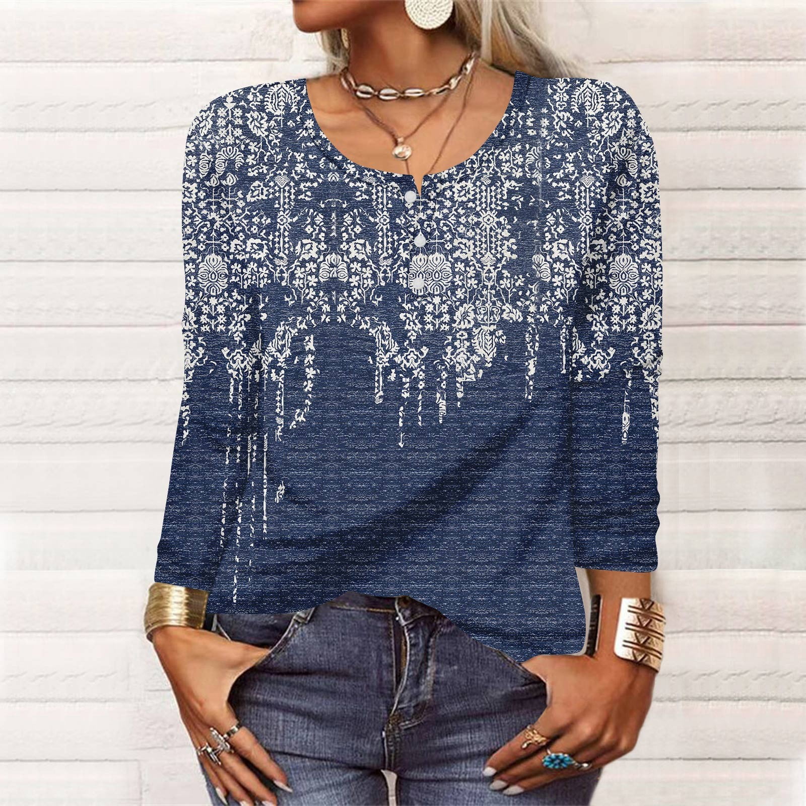 Biziza Womens 3/4 Length Sleeve Tops Casual Button Down Summer Shirts Loose Fit Three Quarter