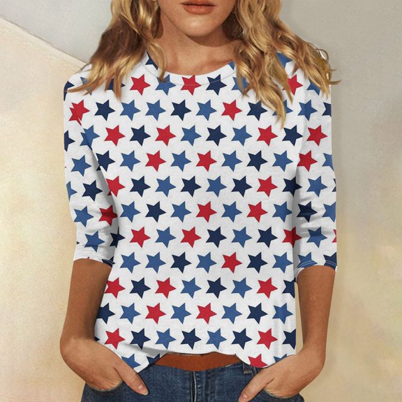 Biziza Womens Blouses 3/4 Sleeve Crew Neck Work Shirts Dressy Tops Polyester/Cotton Blended Fabric Office Wear (S-6XL)