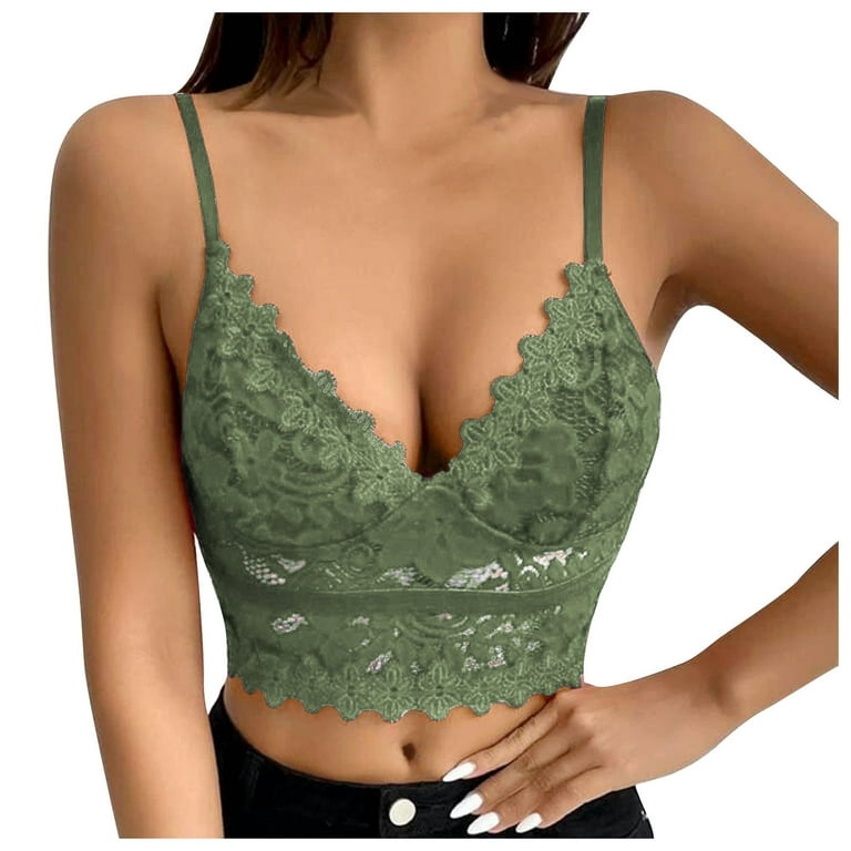 Biziza Womens Bra Bralette Sexy Lace Crop Top Plus Size V Neck Army Green  XL 