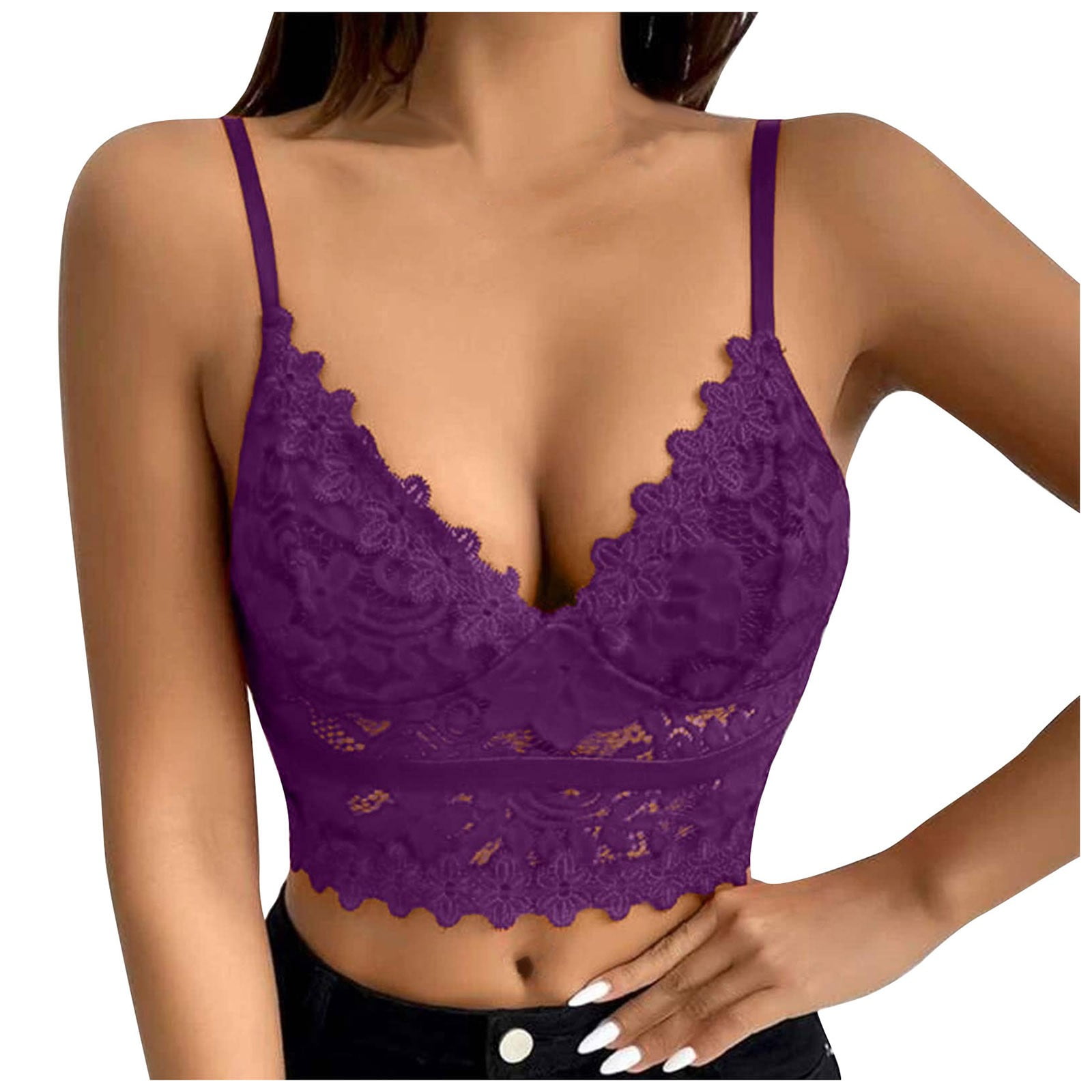 Biziza Womens Bra Bralette Sexy Lace Crop Top Plus Size V Neck Dark Purple  Small 