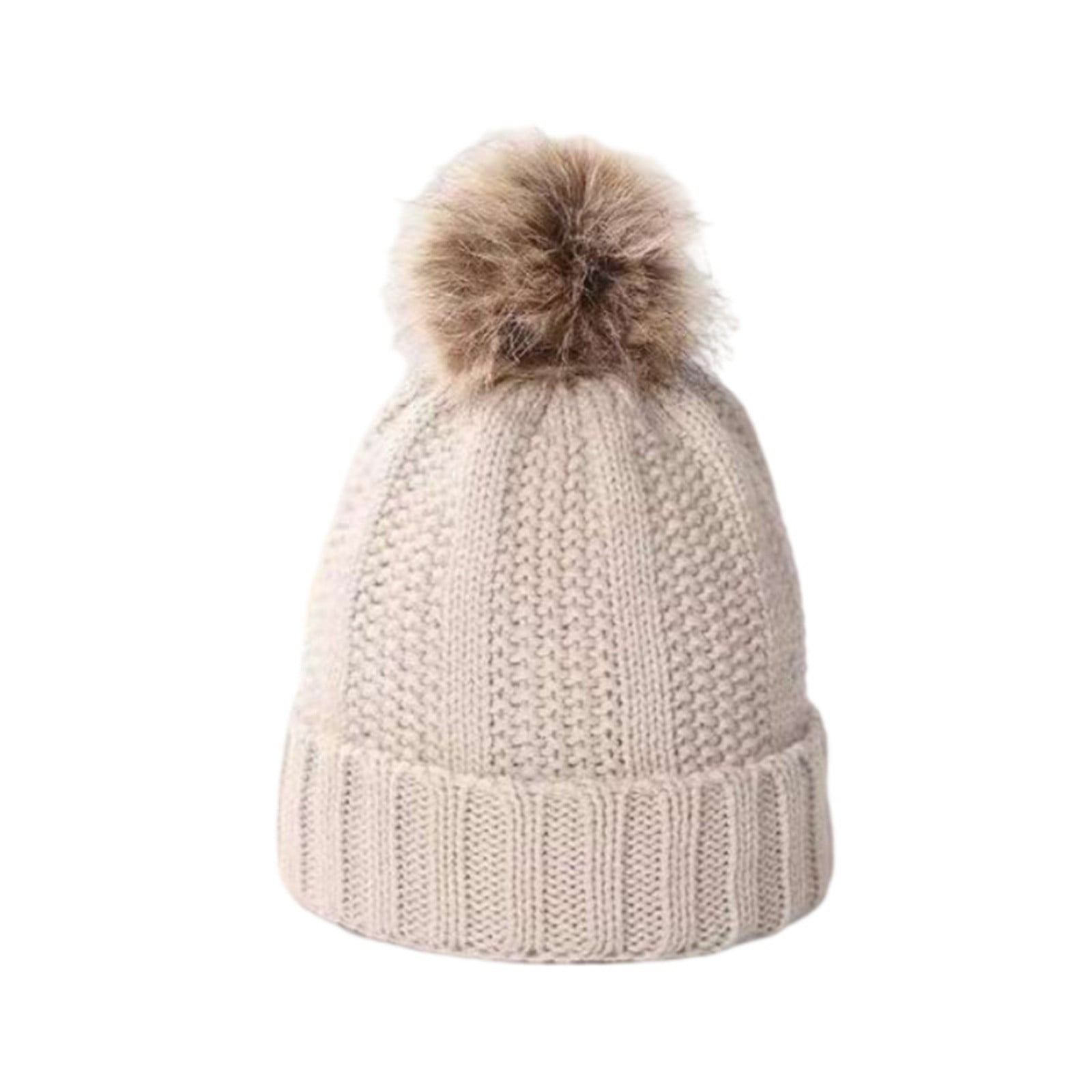 Biziza Womens Cold Weather Cable Knit Beanie Hat Lightweight Cool Faux Fur  Pom Pom Crochet Winter Chunky Soft Skull Cap Winter Warm Ribbed for Women  Beige 