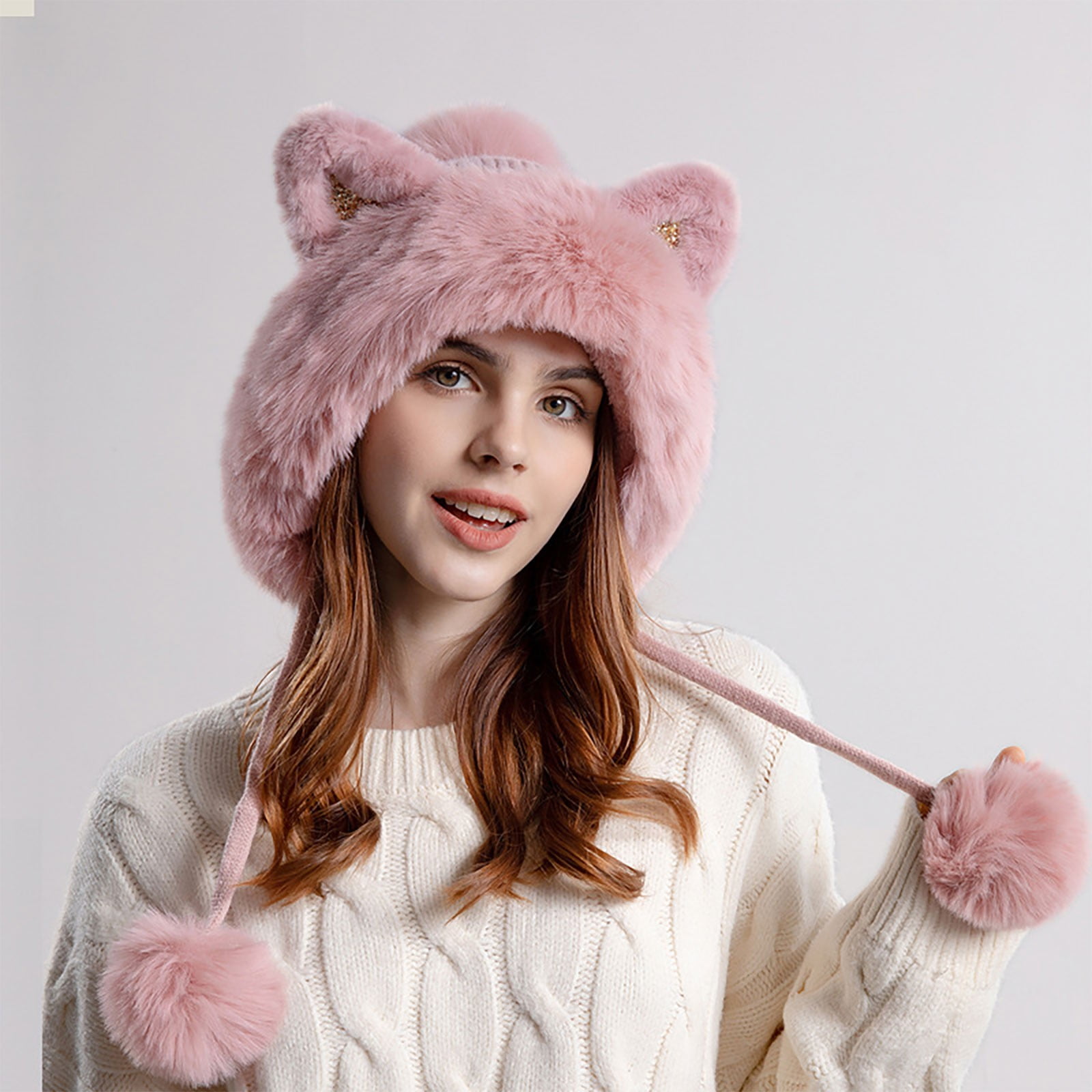 Cold Sequin Pink Cute Cute Cap Warm Fleece Womens Pom Winter Beanie Hat for Weather Soft Skull Cool Pom Ears Women Lined Knit Fur Winter Biziza Faux