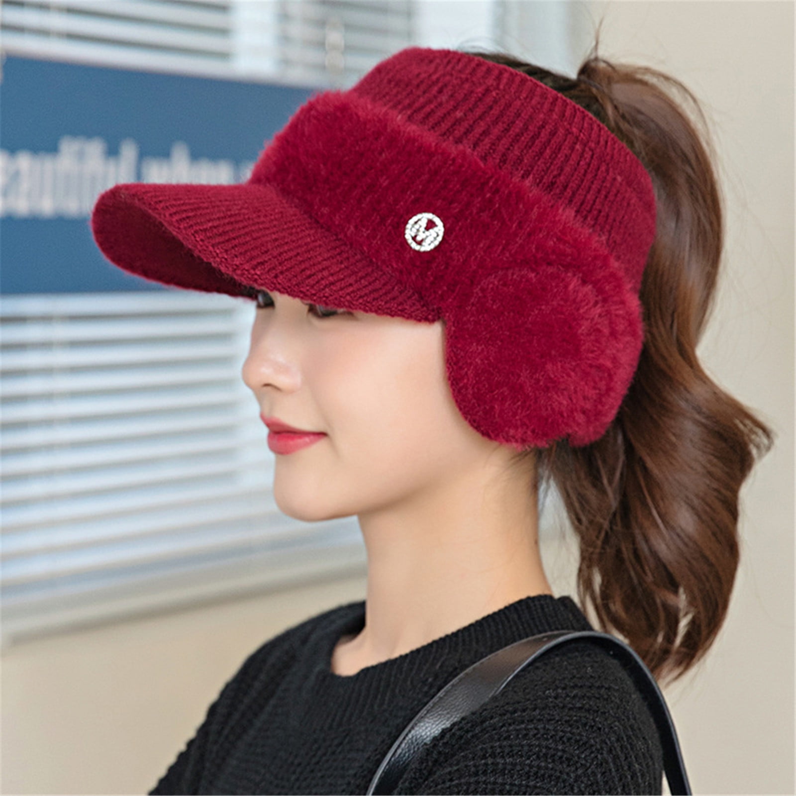 PivotWing Winter Ponytail Hat With Ear Flaps – Reflective Stretchy Fleece Baseball Cap For Women Runners