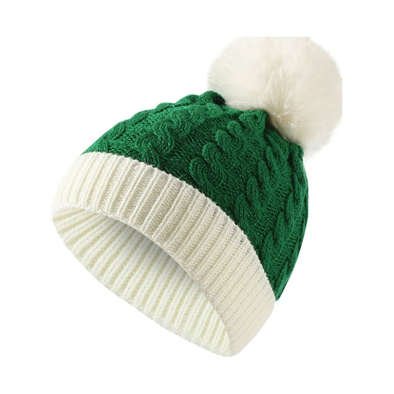 Biziza Womens Cool Cable Knit Skull Cap Thermal Soft Faux Fur Christmas  Beanie Hat Pom Pom Y2k Winter Adult Cold Weather Color Block for Teens Green