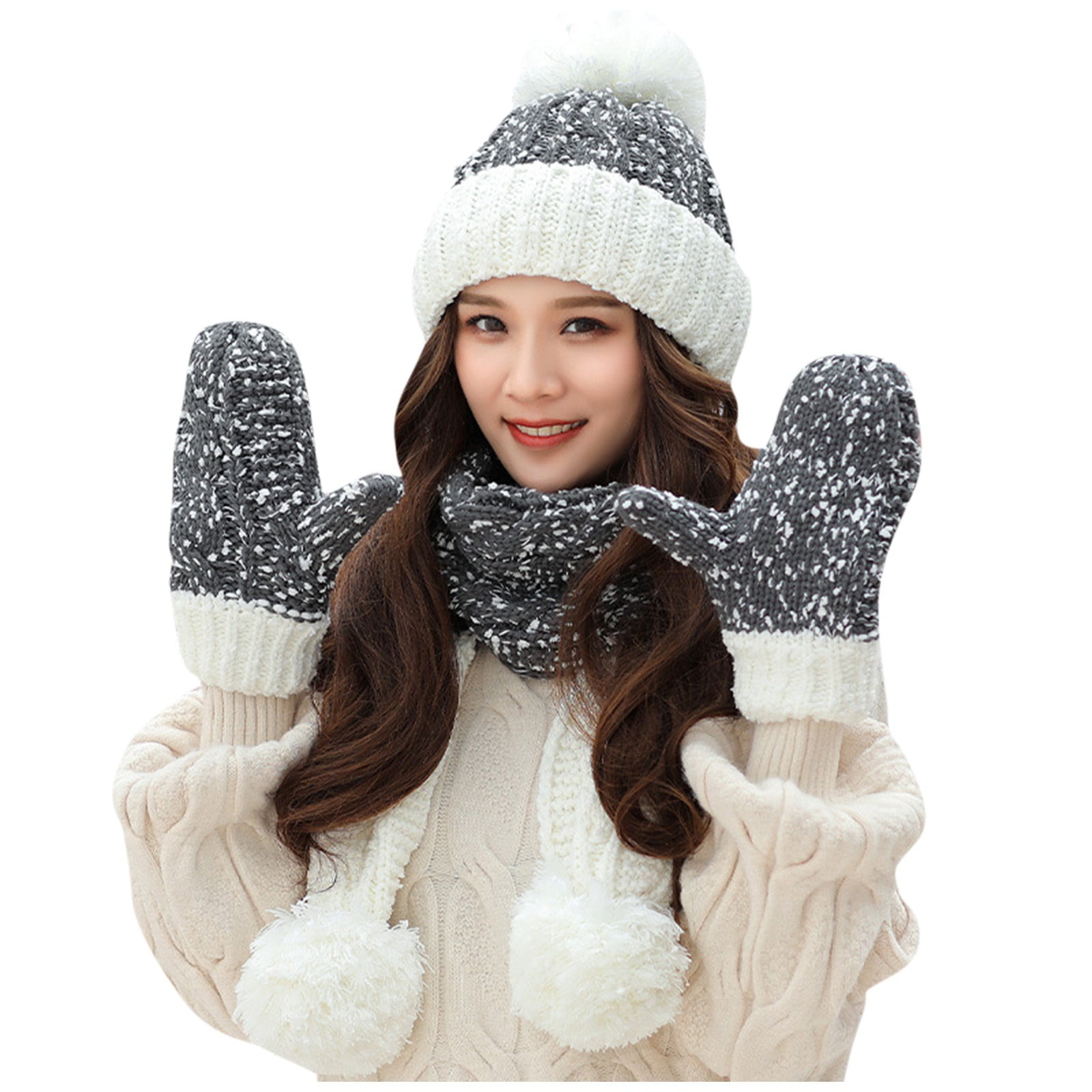 Biziza Womens Cool Scarf Gloves Set Skull Cap Lightweight Ski Pom Pom Pom  Pom Beanie Hat Cable Knit Cute Winter for Juniors Soft Color Bloack for  Teen Girls Gray 