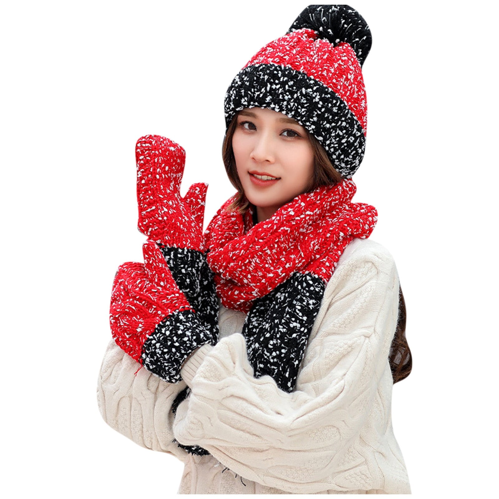 Biziza Womens Cool Scarf Gloves Set Skull Cap Lightweight Ski Pom