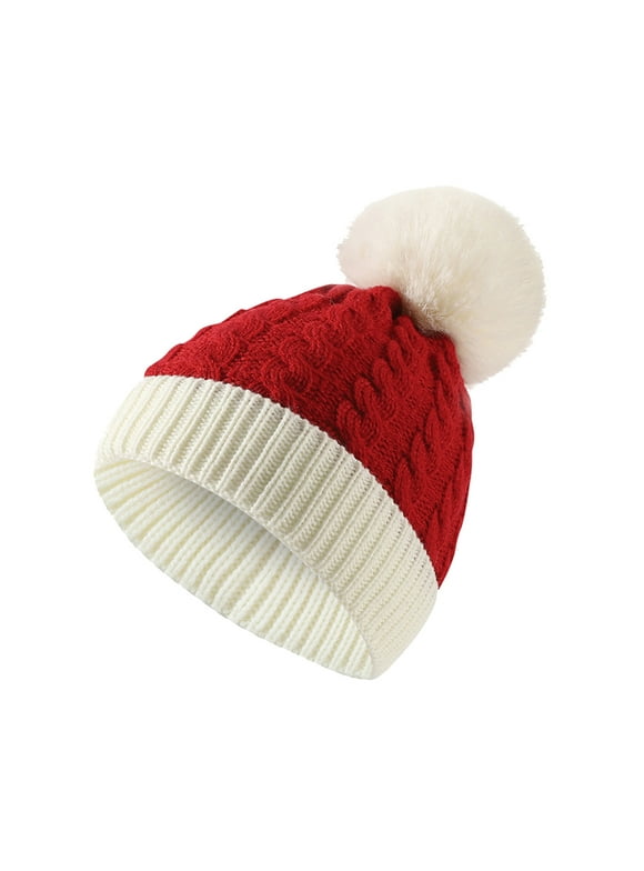 Biziza Womens Soft Pom Pom Beanie Hat Cute Snow Faux Fur Christmas Skull Cap Cable Knit Cold Weather Winter for Teen Girls Lightweight Color Block for Juniors Red