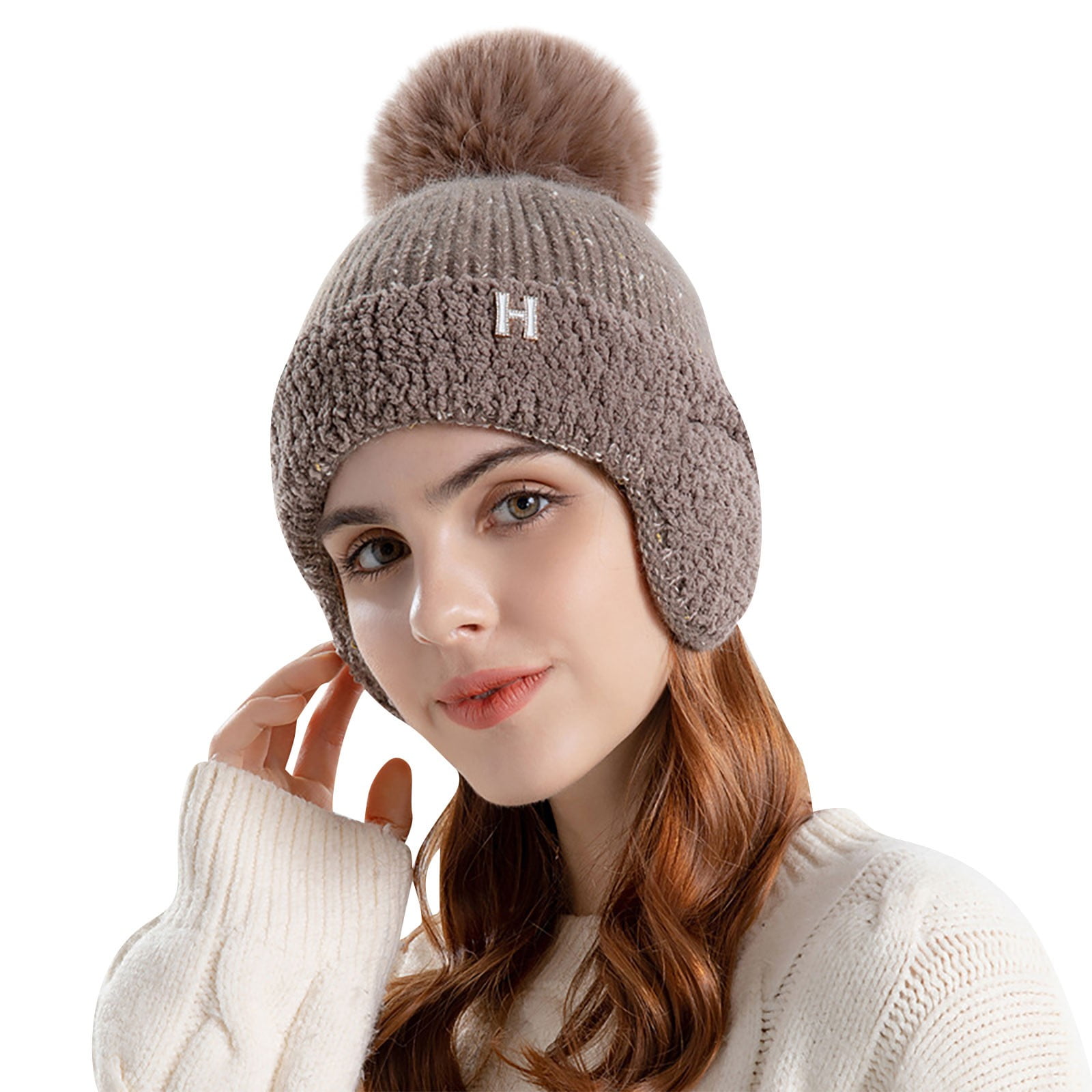 Biziza Womens Thermal Ear Muffs Winter Snow Cute Crochet Knit Beanie Hat Ribbed Vintage Skull