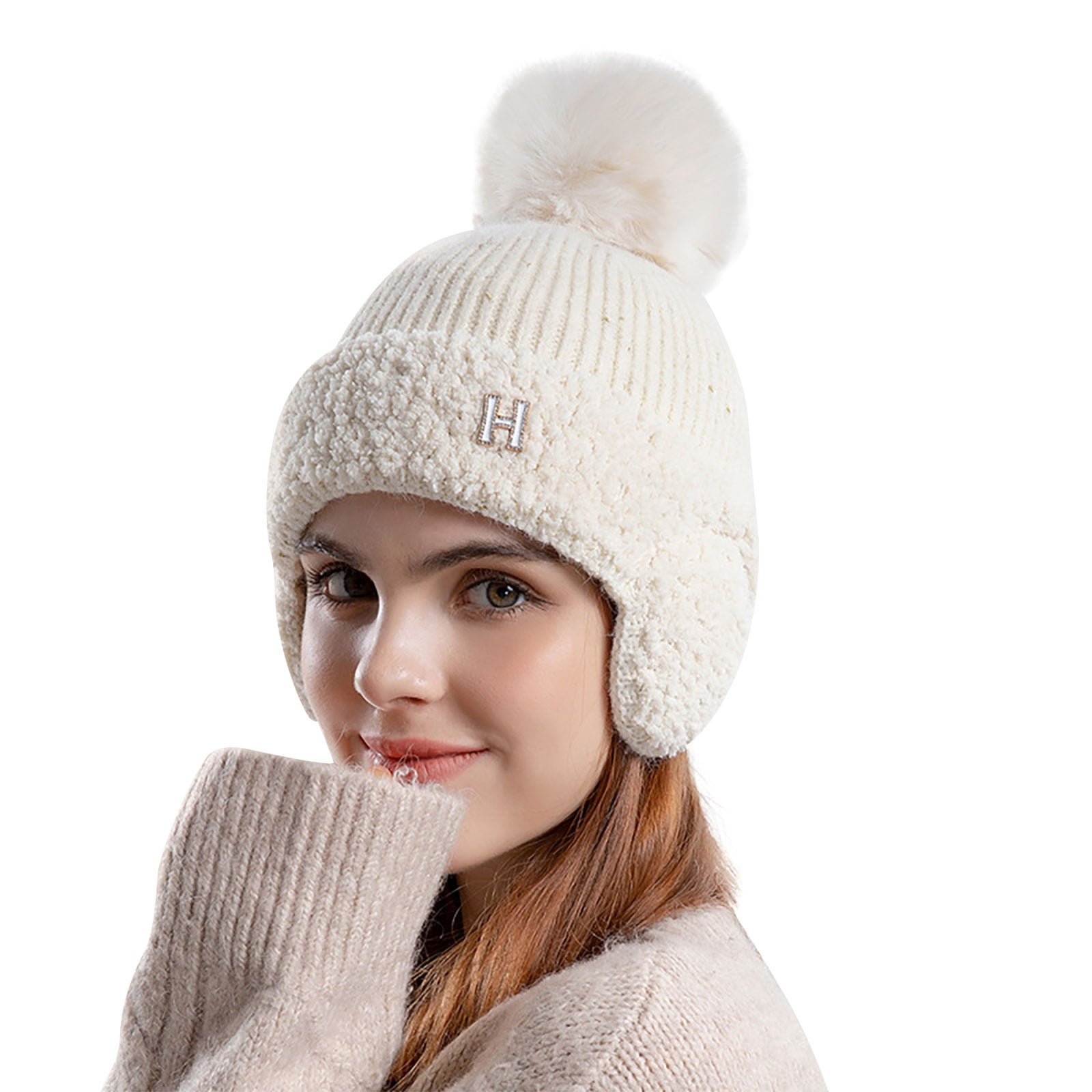 Biziza Womens Thermal Knit Beanie Fur Cap Pom Winter Teens Ear Hat Vintage Cool Winter Faux Ski Skull Warm Pom Muffs Crochet for Ribbed White