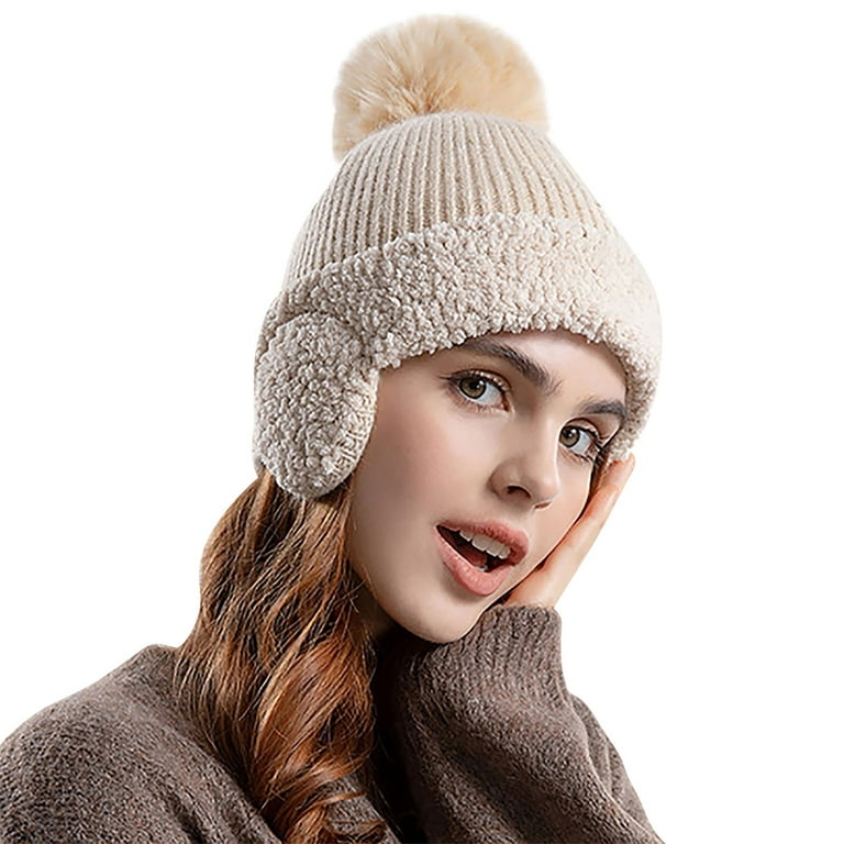 Biziza Womens Cold Weather Cable Knit Beanie Hat Lightweight Cool Faux Fur  Pom Pom Crochet Winter Chunky Soft Skull Cap Winter Warm Ribbed for Women  Beige 