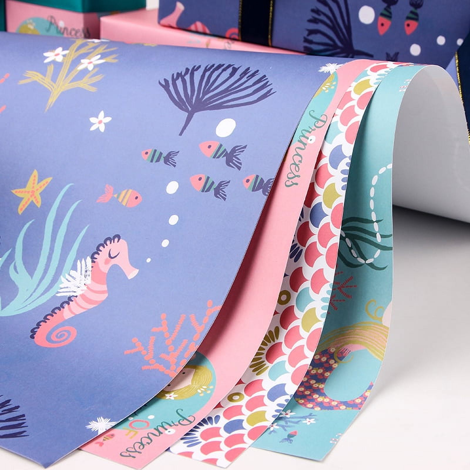 BizyKoady Mermaid Seahorse Seashell Gift Wrapping Paper, 12 Pack (20"x29")