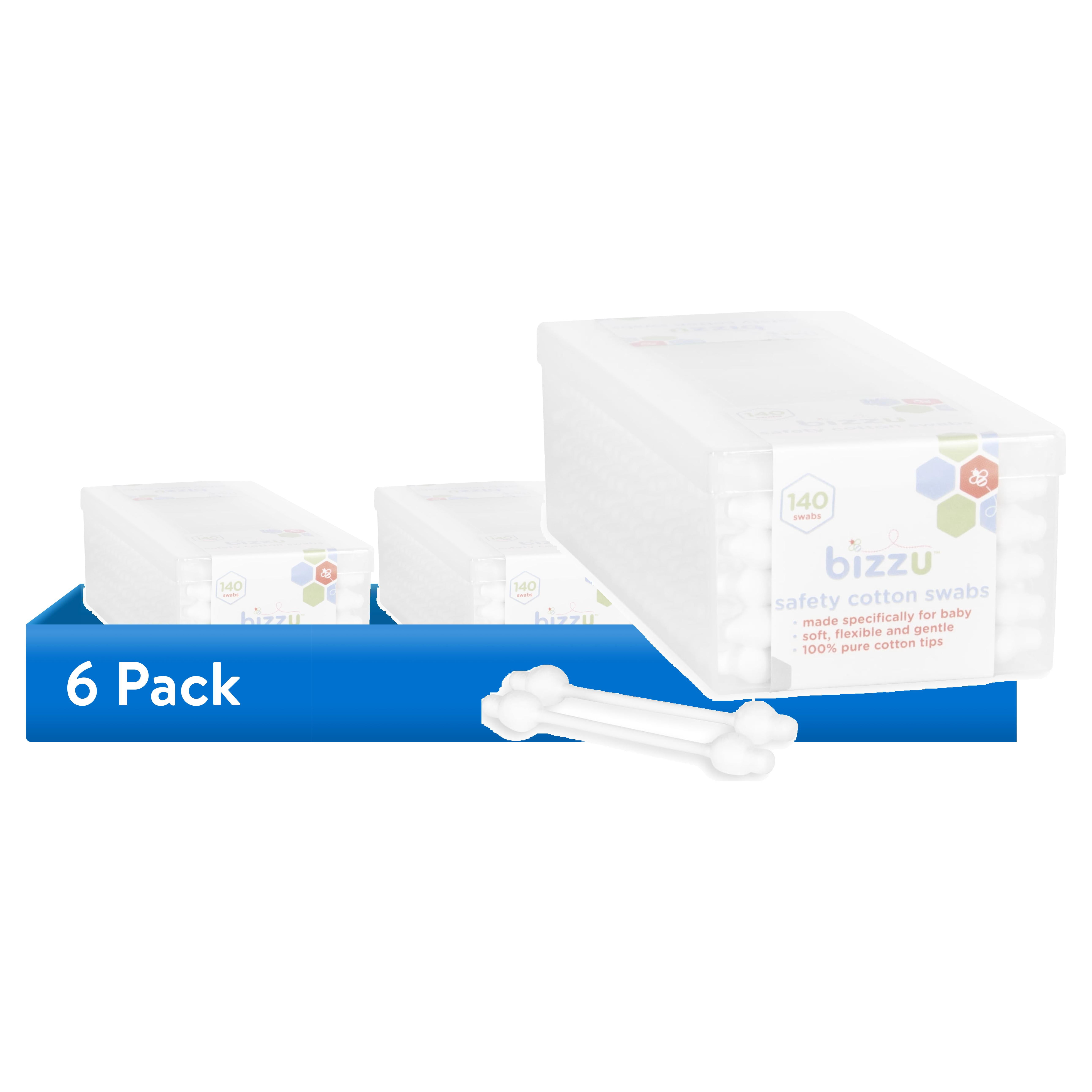 (6 pack) Bizzu Safety Cotton Swabs, 140 Count, Baby Care, Soft, Newborn, Toddler, Gentle Pointed Tips