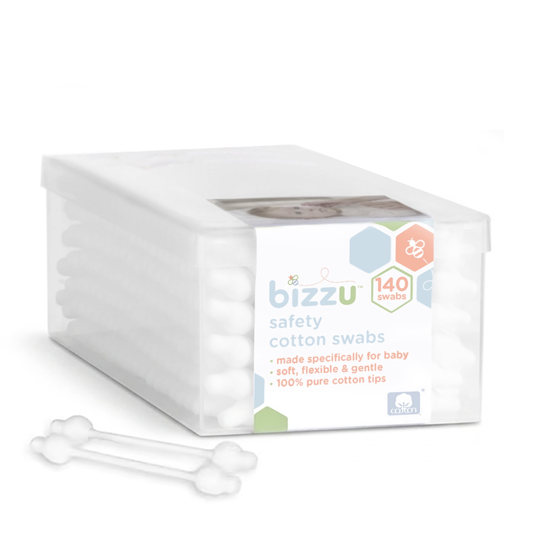 Bizzu Safety Cotton Swabs, 140 Count, Baby Care, Soft, Newborn, Toddler, Gentle Pointed Tips, 100% Cotton