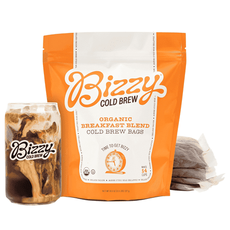 Bizzy Organic Cold Brew Coffee, Breakfast Blend, Coarse Ground, 100% Arabica, Medium Roast, 4 Count