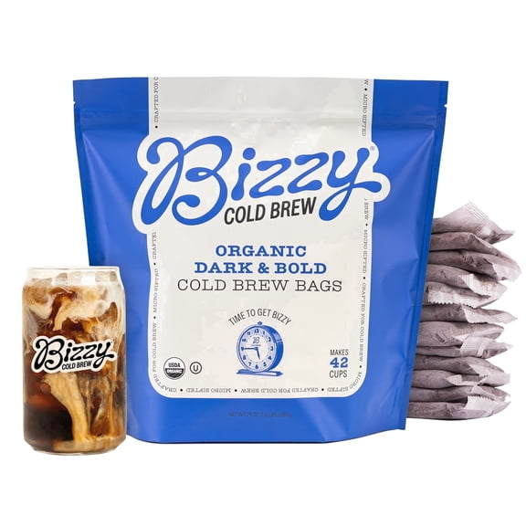 Bizzy Organic Cold Brew Coffee | Dark & Bold Blend | Coarse Ground Coffee | Dark Roast | Micro Sifted | Specialty Grade | 100% Arabica | Brew Bags | 12 Count | Makes 42 Cups