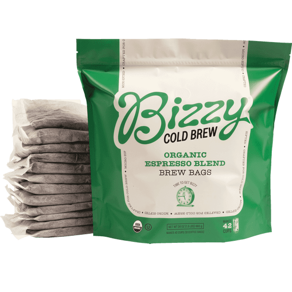 Bizzy Organic Cold Brew Coffee | Espresso Blend | Coarse Ground Coffee | Medium-Dark Roast | Micro Sifted | Specialty Grade | 100% Arabica | Brew Bags | 12 Count | Makes 42 Cups