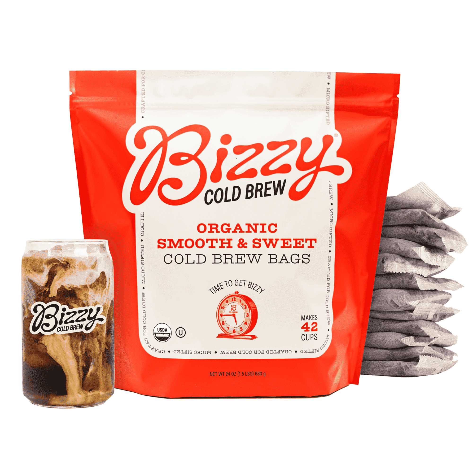 Bizzy Organic Cold Brew Coffee Bags, Medium Roast, Smooth & Sweet, Coarse Ground, 12 Count