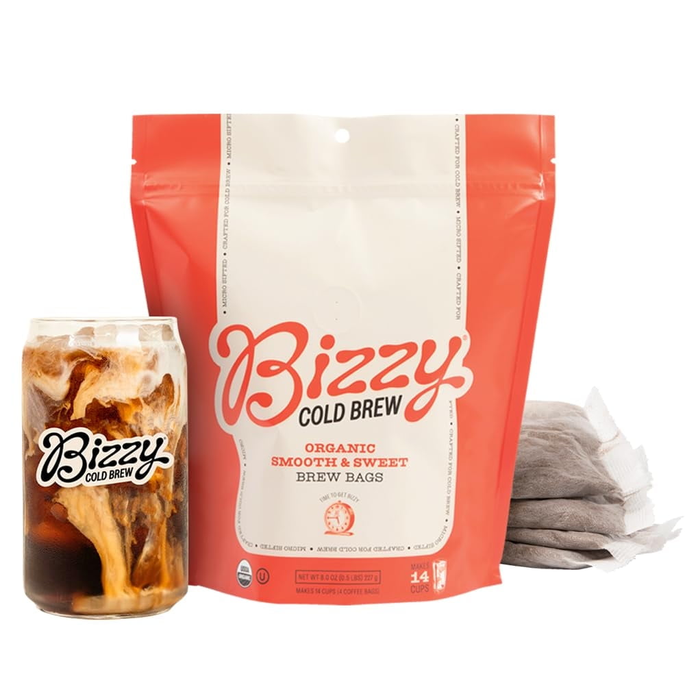 Bizzy Cold Brew Coffee, Organic, Light & Bright Blend, Coarse Ground, Pitcher Packs, 4 Count