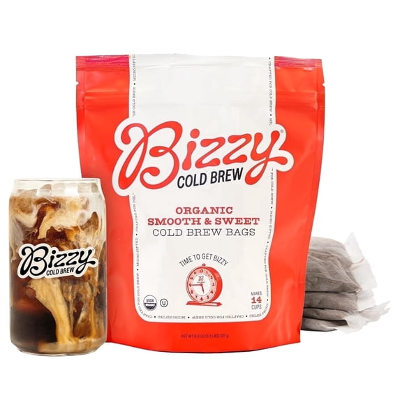 Bizzy Organic Cold Brew Coffee, Smooth & Sweet, Medium Roast, Coarse Ground, Pitcher packs, 4 Count