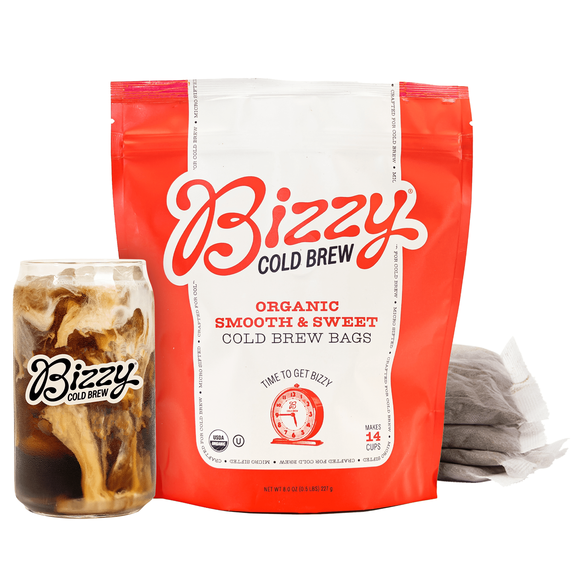 Bizzy Cold Brew Coffee, Organic, Light & Bright Blend, Coarse Ground, Pitcher Packs, 4 Count