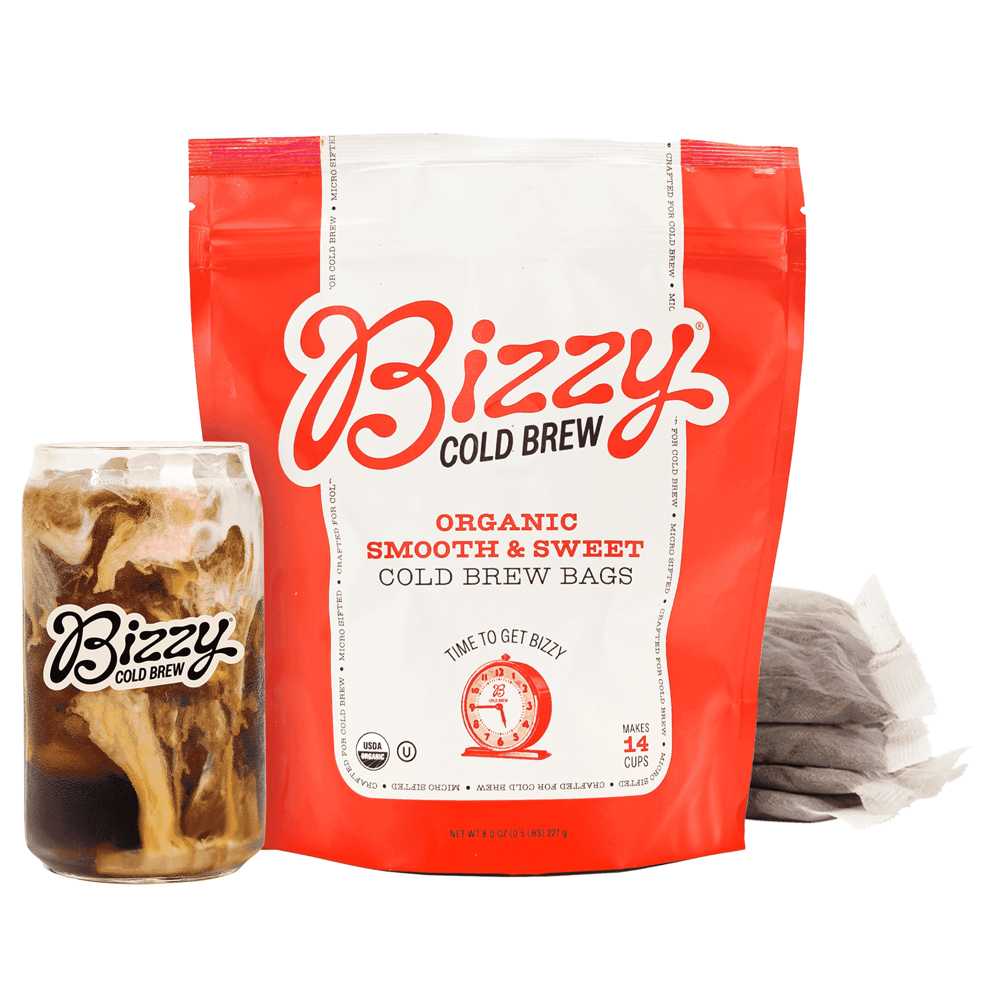 Bizzy Cold Brew Coffee, Organic, Light & Bright Blend, Coarse Ground, Pitcher Packs, 4 Count