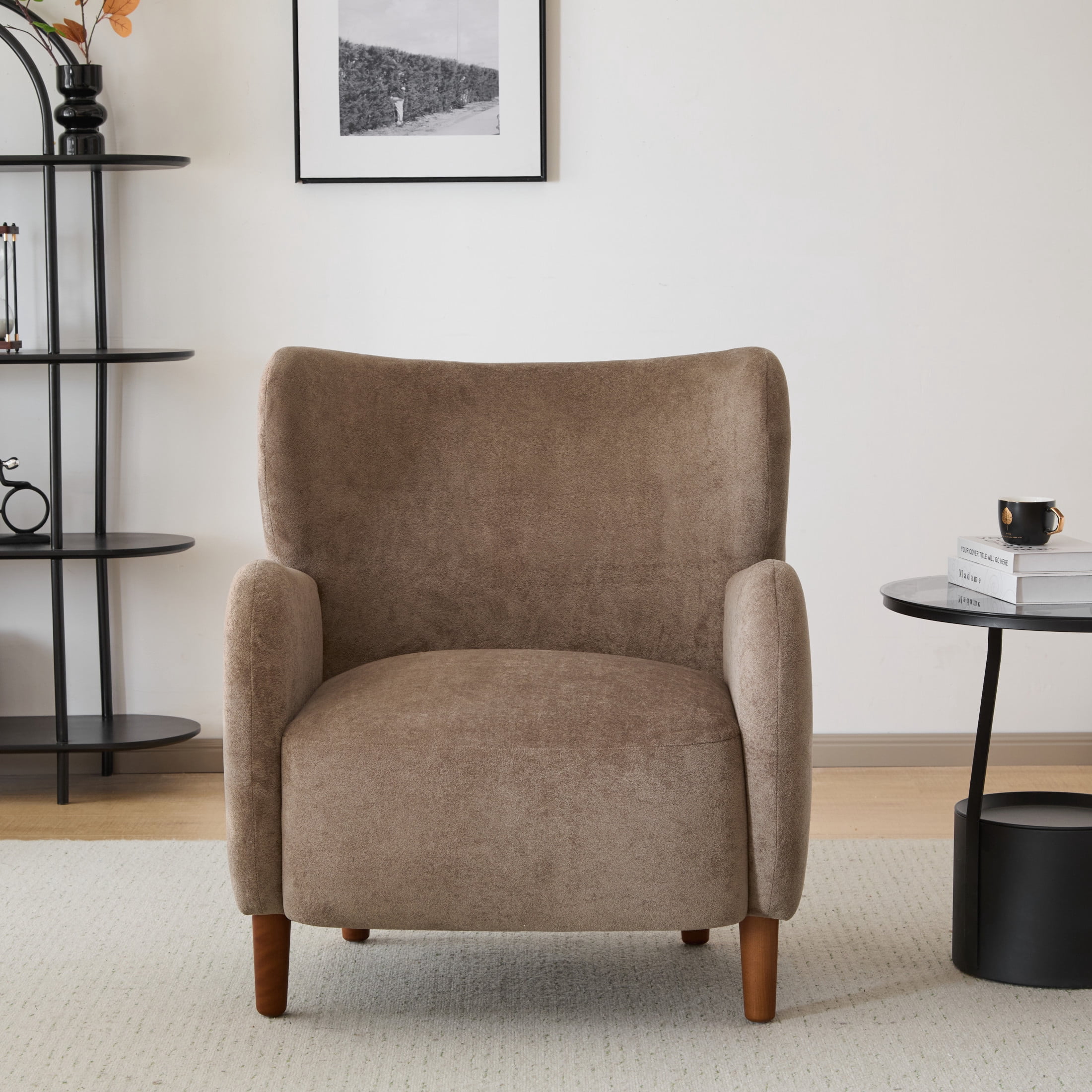 Bjorn Mid-Century Modern Wingback Club Chair with Velvet Upholstery and Solid Wood Legs, Camel