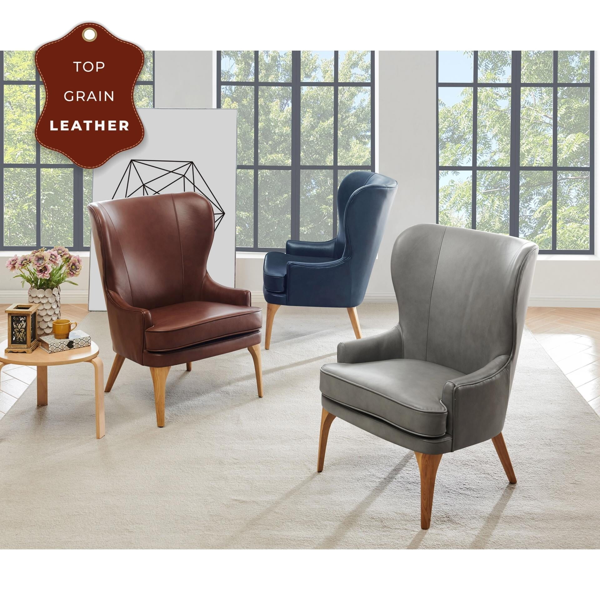 Garrett Blue Top-Grain Leather Wingback Accent Chair