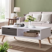 Bjua 1-Drawer and 1-Shelf Wood Coffee Table, Distressed Gray and White
