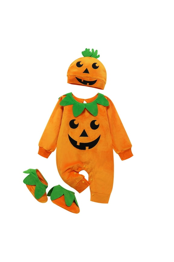 Baby Girl Halloween Outfit Pumpkin Letter Print Romper Long Sleeve Crew Neck Cute Warm Fall Winter Halloween Baby Onesies Size 18-24 Months Orange