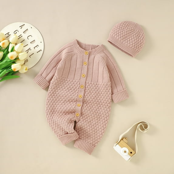 Bjutir Bodysuit For Baby Knit Romper Cotton Button Down Long Sleeve Boy Girl Solid Sweater Clothes Jumpsuit With Hat 3-6 Months