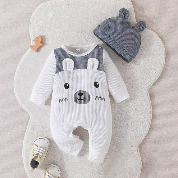 Bjutir Bodysuit For Baby Toddler Boys Girls Long Sleeve Cartoon Prints Romper Jumpsuit Hat Kids Clothes 12-18 Months