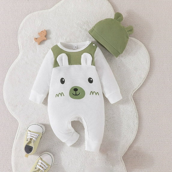 Bjutir Bodysuit For Baby Toddler Boys Girls Long Sleeve Cartoon Prints Romper Jumpsuit Hat Kids Clothes 3-6 Months