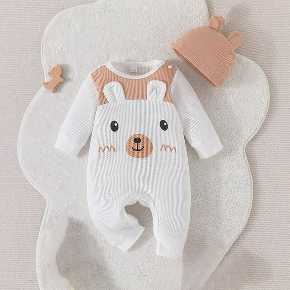 Bjutir Bodysuit For Baby Toddler Boys Girls Long Sleeve Cartoon Prints Romper Jumpsuit Hat Kids Clothes 6-9 Months