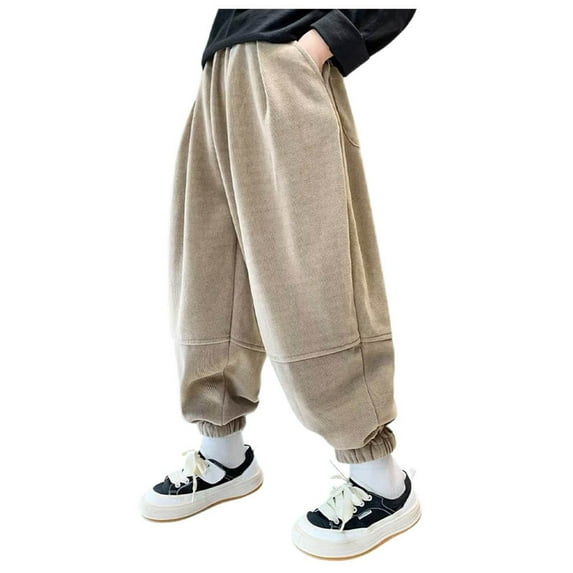 Bjutir Boy Pants Drawstring Elastic Sweatactive Joggers Solid Color Warm Sweatfor Kids Kids Trousers,Khaki,8-9 Years