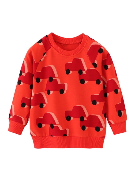 Boys Fall Sweatshirts Cartoon Car Print Pullover Tops Comfortable Crewneck Sweatshirt Everyday Wear Clothes Size 18 Months-7 Years, Watermelon Red