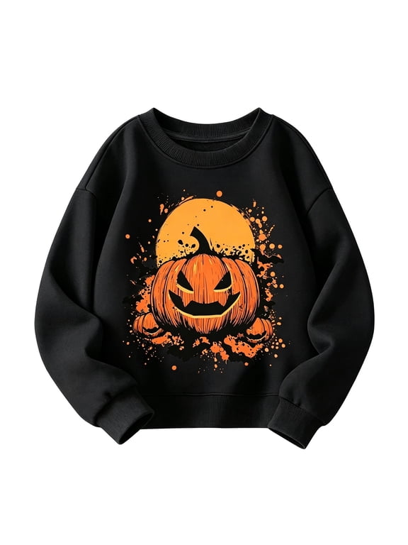 Boys Halloween Fall Sweatshirts Pumpkin Print Pullover Tops Comfortable Crewneck Sweatshirt Casual Wear Outfits Size 2-14 Years, Black