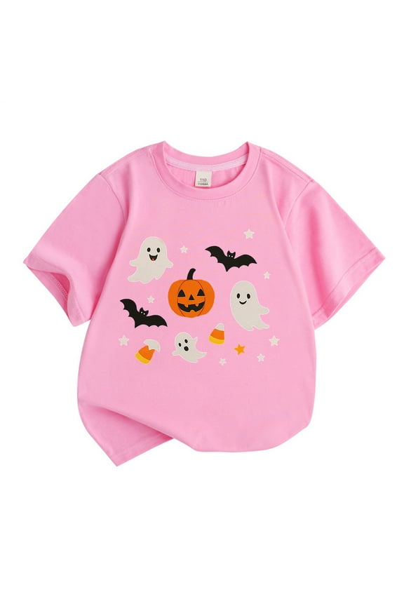 Boys Tops Halloween Pumpkin Kids Short Sleeve Shirt Trendy Casual Tee For Girls Comfortable Base Layer Crew Neck Cute Print Boy Shirts,Pink,4-5 Years