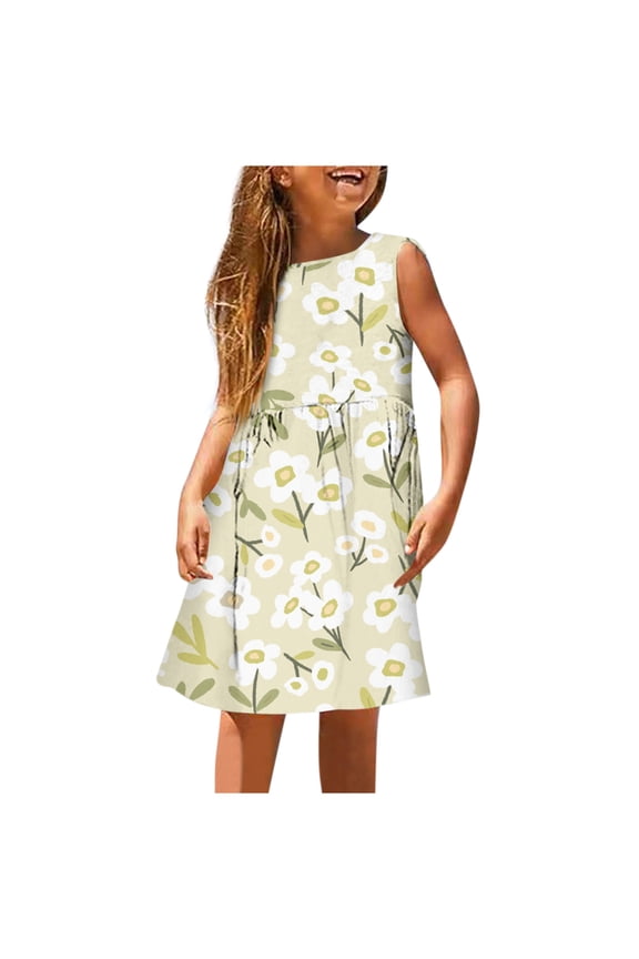 Casual Dresses For Girls Fashion Spring Summer Printed Round Neck Sleeveless Dress Beige 5-6 Years