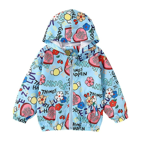 Bjutir Children Fashion Cute Print Hooded Long Sleeve Hacket Zipper Hooded Windproof Coat Windbreaker Blue 6-7 Years