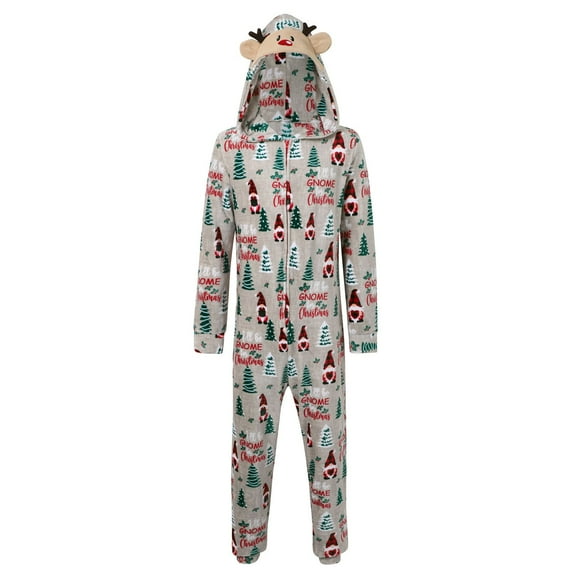Bjutir Christmas Family Pajamas Matching Sets Mens Christmas Print Long Sleeve Hooded Jumpsuit Pajamas Warm Soft Winter Loungewear,Grey,Size L