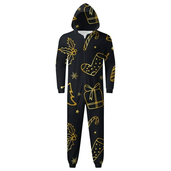 Bjutir Christmas Pajamas For Family Christmas Print Men Onesie Pajamas Long Sleeve Hooded Warm Soft Winter Sleepwear,Gold,Size Xl