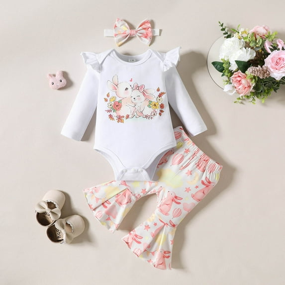 Bjutir Cute Toddler Baby Bodysuits Set Girls Long Sleeve Easter Rabbit Prints Romper Bodysuit Bell Bottoms Pants Outfits For 9 Months