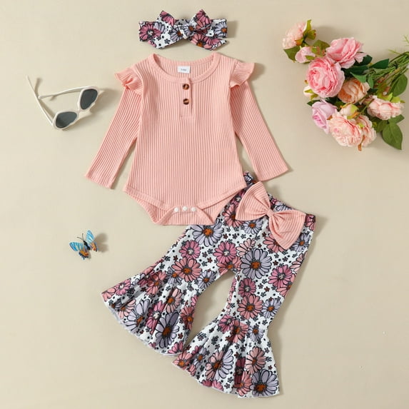 Bjutir Cute Toddler Baby Bodysuits Set Girls Long Sleeve Ribbed Romper Bodysuit Floral Prints Bell Bottoms Pants Outfits For 6 Months