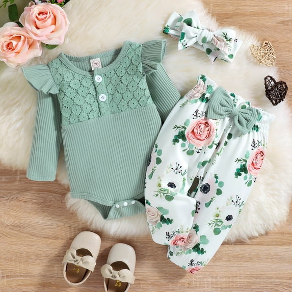 Bjutir Cute Toddler Baby Bodysuits Set Girls Long Sleeve Ribbed Romper Bodysuits Floral Printed Pants Headbands Outfits For 18 Months