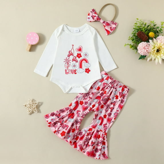 Bjutir Cute Toddler Baby Bodysuits Set Girls Long Sleeve Romper Bodysuit Heart Prints Bell Bottoms Pants Outfits For 12 Months