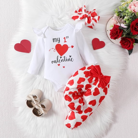 Bjutir Cute Toddler Baby Bodysuits Set Girls Long Sleeve Valentine'S Day Letter Romper Bodysuit Heart Prints Bell Bottoms Pants Outfits For 6 Months