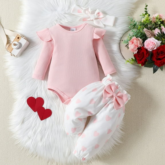 Bjutir Cute Toddler Baby Bodysuits Set Girls Long Sleeve Valentine'S Day Ribbed Romper Bodysuit Heart Prints Bell Bottoms Pants Outfits For 6 Months