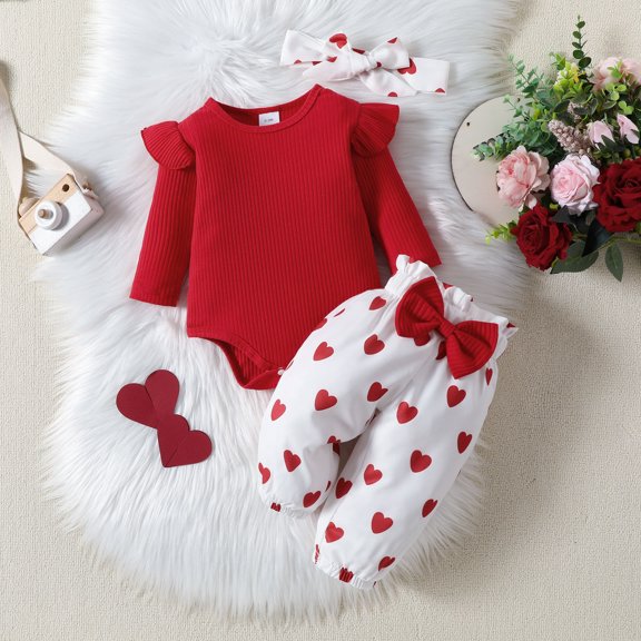 Bjutir Cute Toddler Baby Bodysuits Set Girls Long Sleeve Valentine'S Day Ribbed Romper Bodysuit Heart Prints Bell Bottoms Pants Outfits For 9 Months