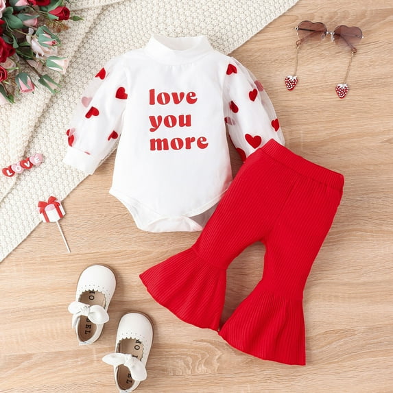 Bjutir Cute Toddler Baby Bodysuits Set Girls Tulle Heart Prints Long Sleeve Valentine'S Day Ribbed Romper Bodysuit Bell Bottoms Pants Outfits For 12 Months
